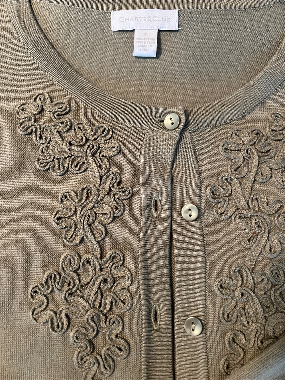 Charter Club Sage Green Floral Appliqué Cotton Cardigan